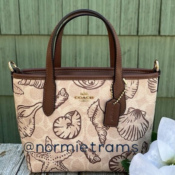 City Mini Tote Bag In Signature Canvas With Shell Print Crossbody Purse Beach - Picture 1 of 13